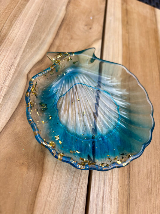Vide poche coquillages bleu translucide et feuilles d’or