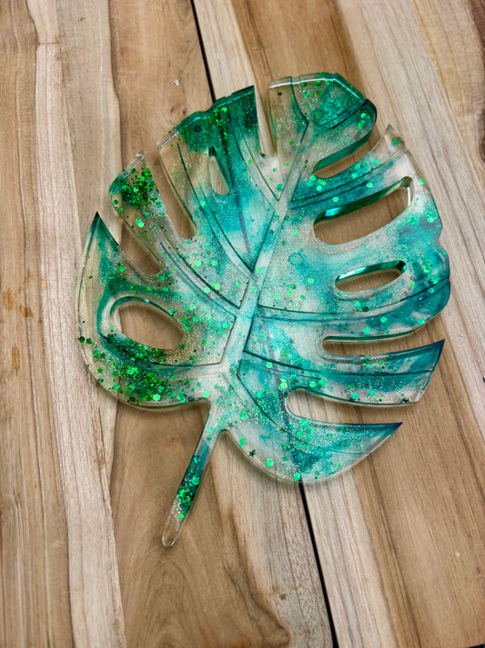 Décoration feuille exotique verte et pailletée